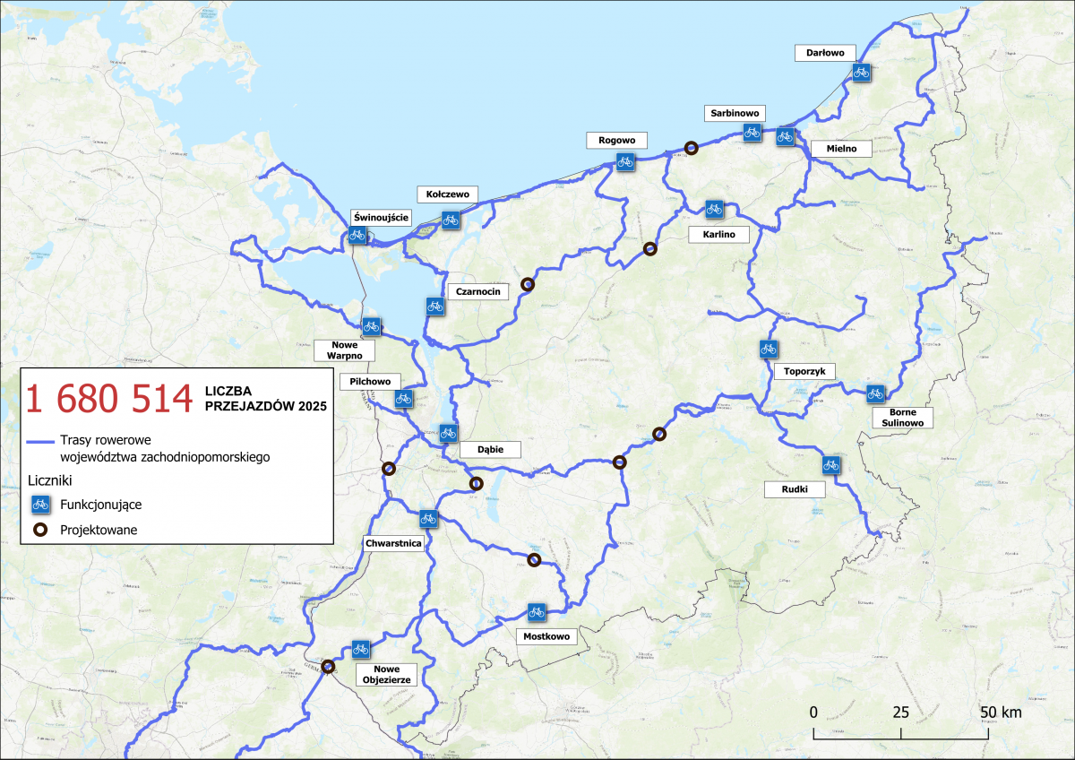 Istniejące i planowane liczniki rowerowe w województwie zachodniopomorskim